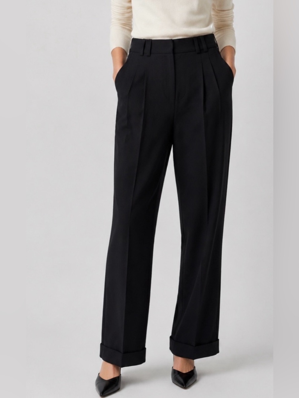 Club Monaco Trousers Women’s 00 Allie Black Wool Pleated Wide Leg Cuffed Pants